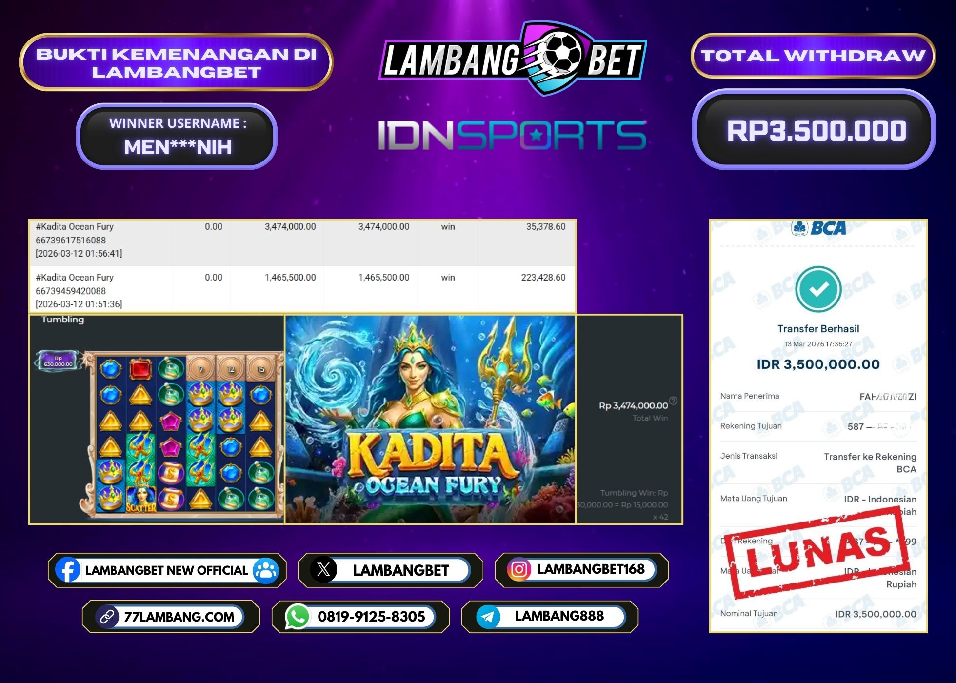 LAMBANGBET [13 MARET 2026] JACKPOT SLOT Kadita Ocean Fury "Rp3.500.000" LUNAS